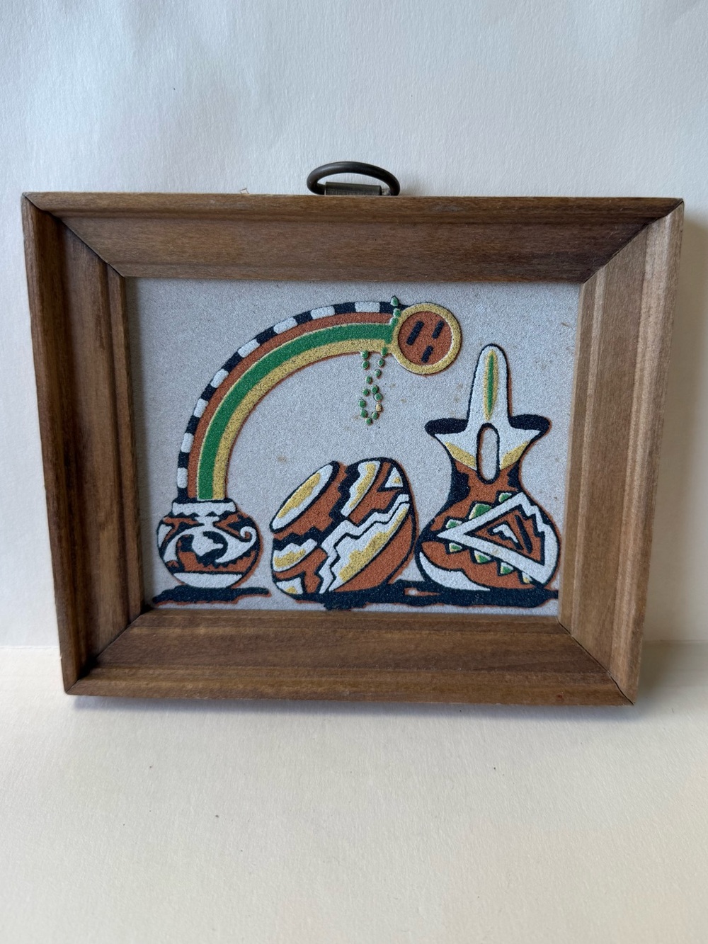 Vintage Framed Sand Art Titled Rainbow Way Featuring Pueblo Pottery.